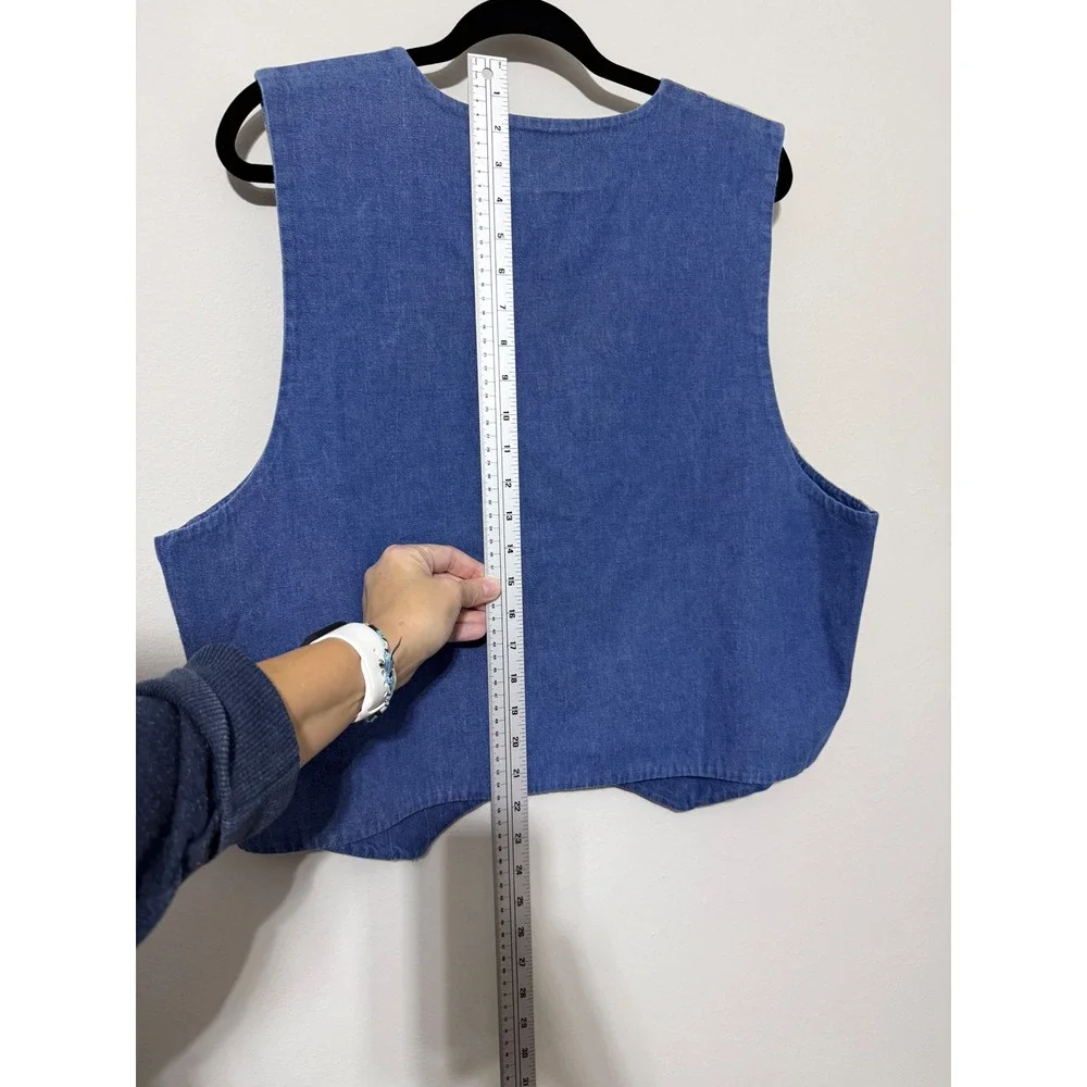 Vintage Floral Tapestry Vest Blue Denim Back Button Front Boho Cottagecore Women